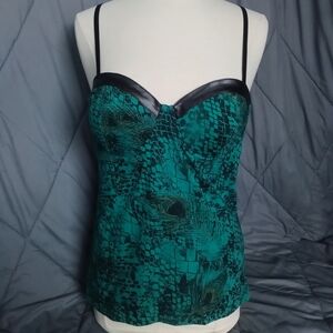 GLO Jeans Tank Top Teal Green Crocodile & Feather Print Bra Cups With Underwire